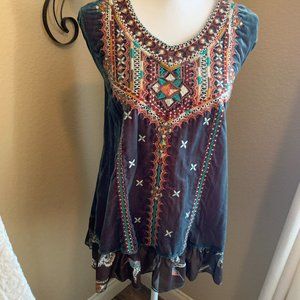 Embroidered Irredescent Green Velour Boho Top